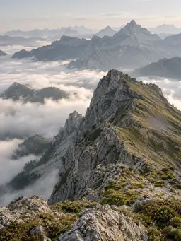 Mountain peaks and low clouds in a photographic series