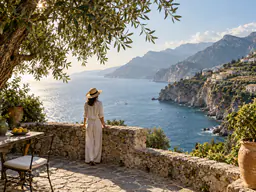 A sunlit terrace overlooking an Italian coastal bay