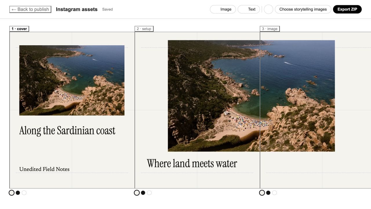 Example Instagram storytelling timeline with a photo-and-title cover, an editorial headline, a photograph spanning two slides, and gray slide dividers.